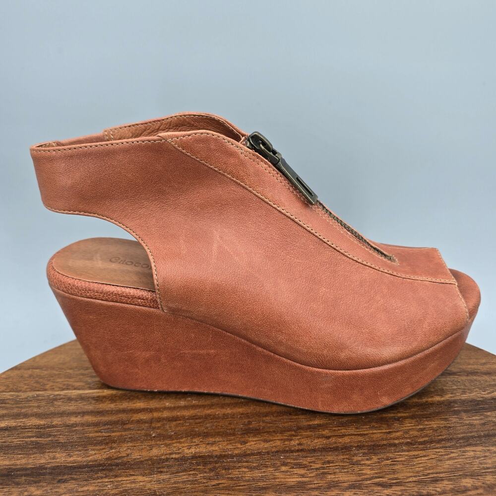 Chocolat Blu Wanessa Sandals Womens 6 Brown Leather Platform Wedge Zip Peep Toe